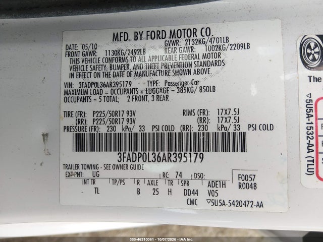 Продажа на аукционе авто 2010 Ford Fusion Hybrid, vin: 3FADP0L36AR395179, номер лота: 46310061