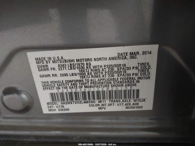 Продажа на аукционе авто 2014 Mitsubishi Outlander Sport Se, vin: 4A4AR4AU1EE026158, номер лота: 46310066