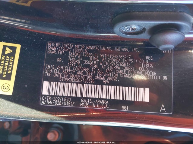 Aukcja sprzedaży 2012 Toyota Highlander Se V6, vin: 5TDBK3EH5CS120526, numer aukcji: 46310081