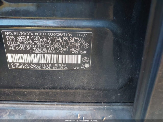 46310112 :رقم المزاد ، JTHBE262585019185 vin ، 2008 Lexus Is 350 مزاد بيع