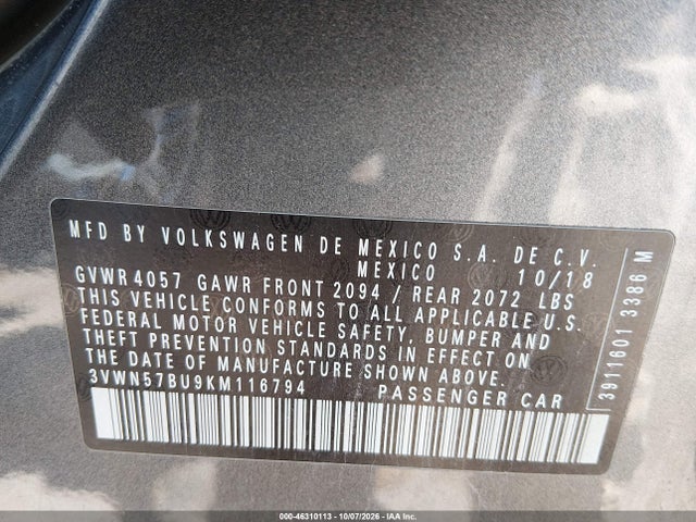Aukcja sprzedaży 2019 Volkswagen Jetta 1.4t S, vin: 3VWN57BU9KM116794, numer aukcji: 46310113