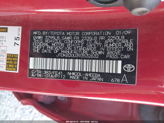 Продаж на аукціоні авто 2009 Toyota Prius, vin: JTDKB20U393532632, номер лоту: 46310115
