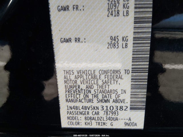 1N4BL4BV5KN310382 Nissan Altima 2.5 S