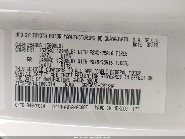 Aukcja sprzedaży 2020 Toyota Tacoma Sr5 V6, vin: 3TYSZ5ANXLT001314, numer aukcji: 46310150