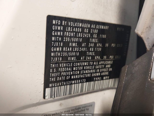 46310156 :رقم المزاد ، WVGAV7AX2FW559173 vin ، 2015 Volkswagen Tiguan Sel مزاد بيع