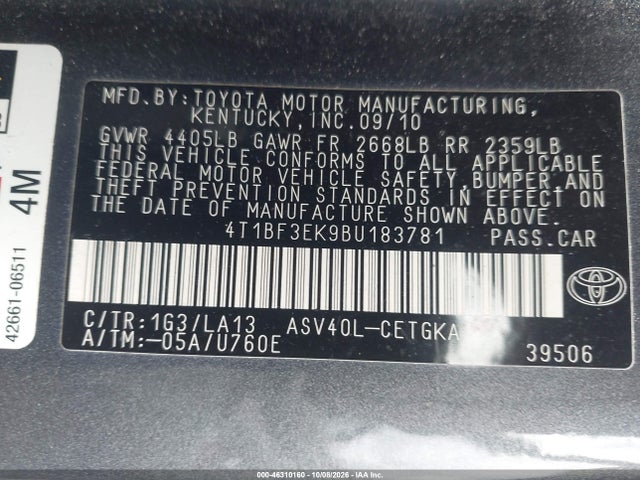 2011 Toyota Camry Se/le/xle მანქანა იყიდება აუქციონზე, vin: 4T1BF3EK9BU183781, აუქციონის ნომერი: 46310160