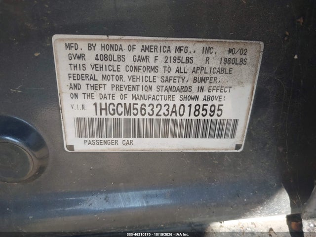 Продаж на аукціоні авто 2003 Honda Accord 2.4 Lx, vin: 1HGCM56323A018595, номер лоту: 46310170