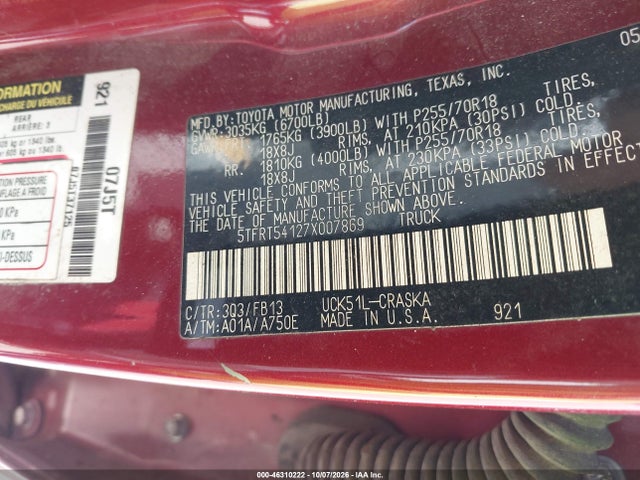 Aukcja sprzedaży 2007 Toyota Tundra Sr5 4.7l V8, vin: 5TFRT54127X007869, numer aukcji: 46310222