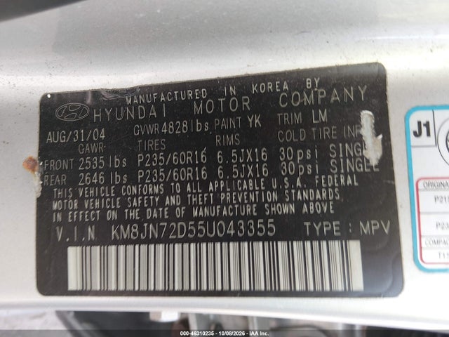Продажа на аукционе авто 2005 Hyundai Tucson Gls/lx, vin: KM8JN72D55U043355, номер лота: 46310235