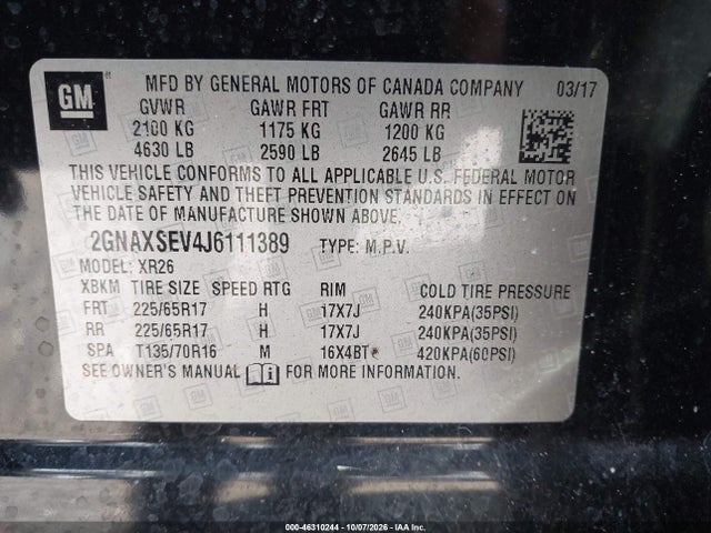 Aukcja sprzedaży 2018 Chevrolet Equinox Lt, vin: 2GNAXSEV4J6111389, numer aukcji: 46310244