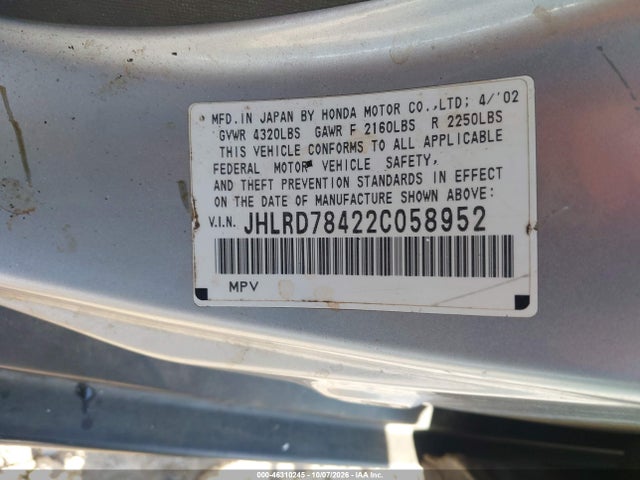 2002 Honda Cr-v Lx მანქანა იყიდება აუქციონზე, vin: JHLRD78422C058952, აუქციონის ნომერი: 46310245