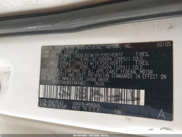 Aukcja sprzedaży 2005 Toyota Tundra Sr5 V8, vin: 5TBDT44185S484967, numer aukcji: 46310258