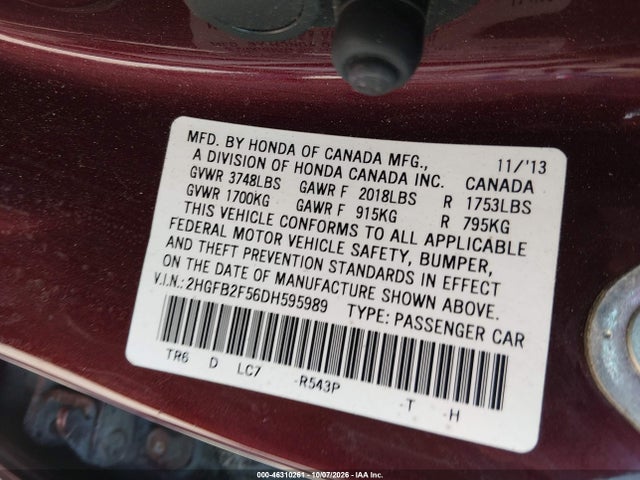 2013 Honda Civic Lx მანქანა იყიდება აუქციონზე, vin: 2HGFB2F56DH595989, აუქციონის ნომერი: 46310261