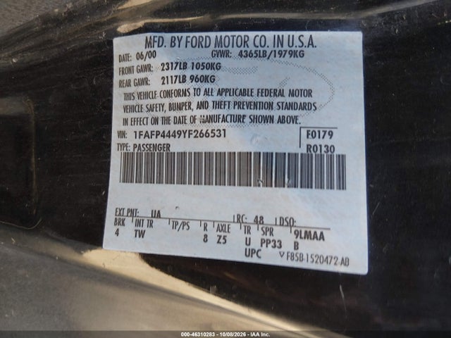 2000 Ford Mustang მანქანა იყიდება აუქციონზე, vin: 1FAFP4449YF266531, აუქციონის ნომერი: 46310283
