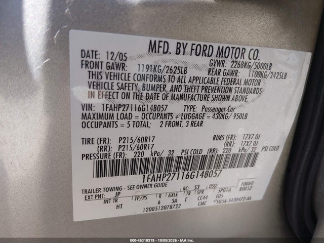 Aukcja sprzedaży 2006 Ford Five Hundred Sel, vin: 1FAHP27116G148057, numer aukcji: 46310319