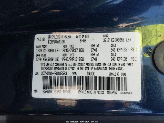 2002 Dodge Ram 1500 St მანქანა იყიდება აუქციონზე, vin: 3D7HU18N42G187583, აუქციონის ნომერი: 46310336