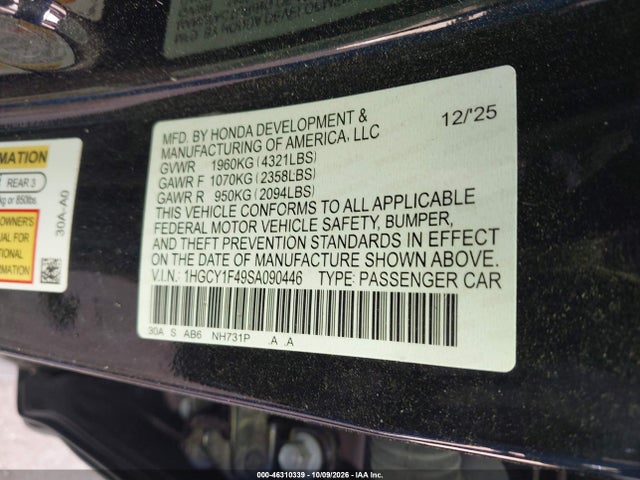 46310339 :رقم المزاد ، 1HGCY1F49SA090446 vin ، 2025 Honda Accord Se مزاد بيع