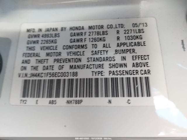 2014 Acura Rlx მანქანა იყიდება აუქციონზე, vin: JH4KC1F56EC003188, აუქციონის ნომერი: 46310353
