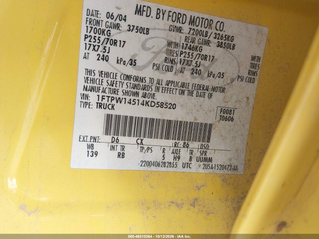 46310364 :رقم المزاد ، 1FTPW14514KD58520 vin ، 2004 Ford F-150 Fx4/lariat/xlt مزاد بيع