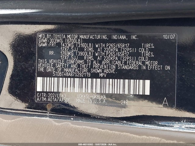 46310382 :رقم المزاد ، 5TDBT48A87S292119 vin ، 2007 Toyota Sequoia Limited V8 مزاد بيع