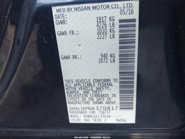 Aukcja sprzedaży 2016 Nissan Altima 2.5 S, vin: 1N4AL3AP6GN370817, numer aukcji: 46310399