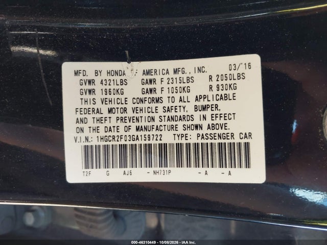 Aukcja sprzedaży 2016 Honda Accord Ex, vin: 1HGCR2F03GA159722, numer aukcji: 46310449