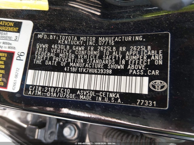 2017 Toyota Camry Le მანქანა იყიდება აუქციონზე, vin: 4T1BF1FK7HU639398, აუქციონის ნომერი: 46310473