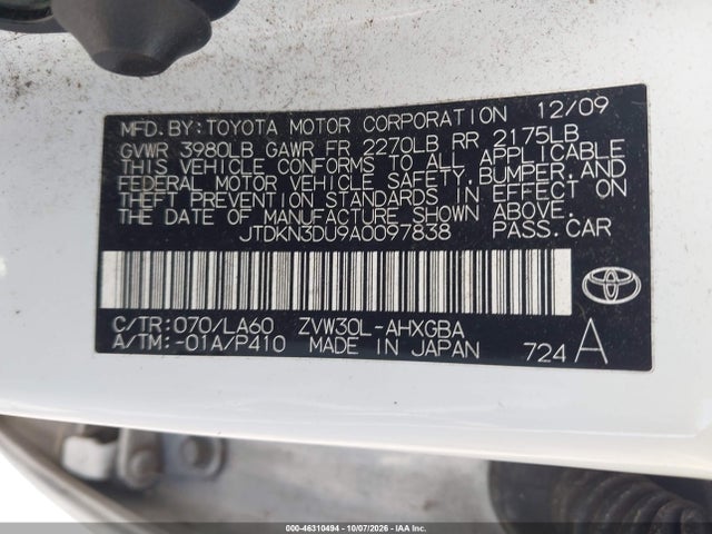 Продаж на аукціоні авто 2010 Toyota Prius Iv, vin: JTDKN3DU9A0097838, номер лоту: 46310494