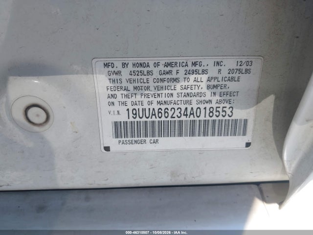 Продаж на аукціоні авто 2004 Acura Tl, vin: 19UUA66234A018553, номер лоту: 46310507