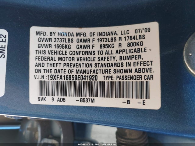 2009 Honda Civic Ex მანქანა იყიდება აუქციონზე, vin: 19XFA16859E041920, აუქციონის ნომერი: 46310511