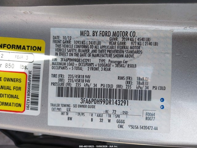 Aukcja sprzedaży 2013 Ford Fusion Se, vin: 3FA6P0H99DR143291, numer aukcji: 46310523