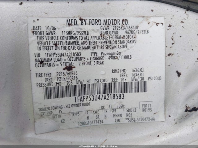46310566 :رقم المزاد ، 1FAFP53U47A218583 vin ، 2007 Ford Taurus Se مزاد بيع