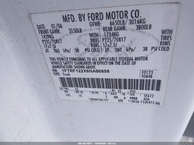 Продажа на аукционе авто 2006 Ford F-150 Stx/xl/xlt, vin: 1FTRF122X6NA86858, номер лота: 46310571