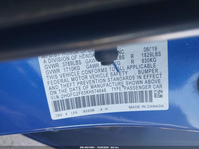 46310591 :رقم المزاد ، 2HGFC2F63KH574648 vin ، 2019 Honda Civic Lx مزاد بيع
