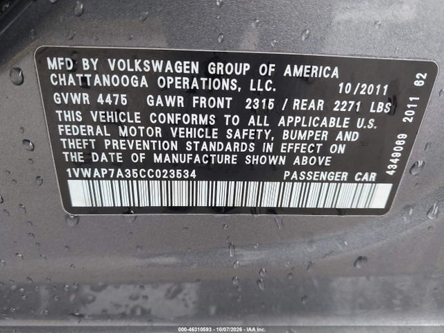 2012 Volkswagen Passat 2.5l S მანქანა იყიდება აუქციონზე, vin: 1VWAP7A35CC023534, აუქციონის ნომერი: 46310593