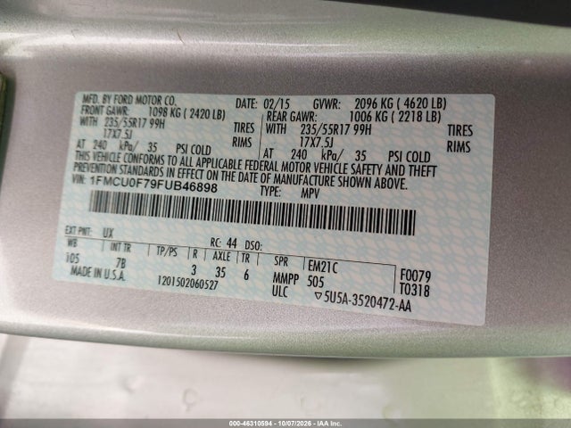 46310594 :رقم المزاد ، 1FMCU0F79FUB46898 vin ، 2015 Ford Escape S مزاد بيع