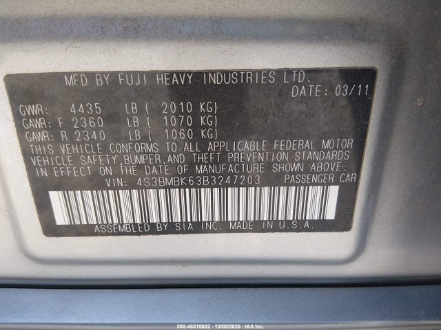 46310602 :رقم المزاد ، 4S3BMBK63B3247203 vin ، 2011 Subaru Legacy 2.5i Limited مزاد بيع