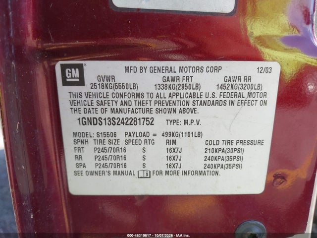 2004 Chevrolet Trailblazer Ls მანქანა იყიდება აუქციონზე, vin: 1GNDS13S242281752, აუქციონის ნომერი: 46310617