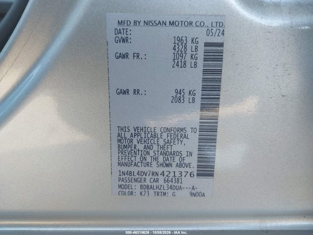 1N4BL4DV7RN421376 Nissan Altima Sv Fwd
