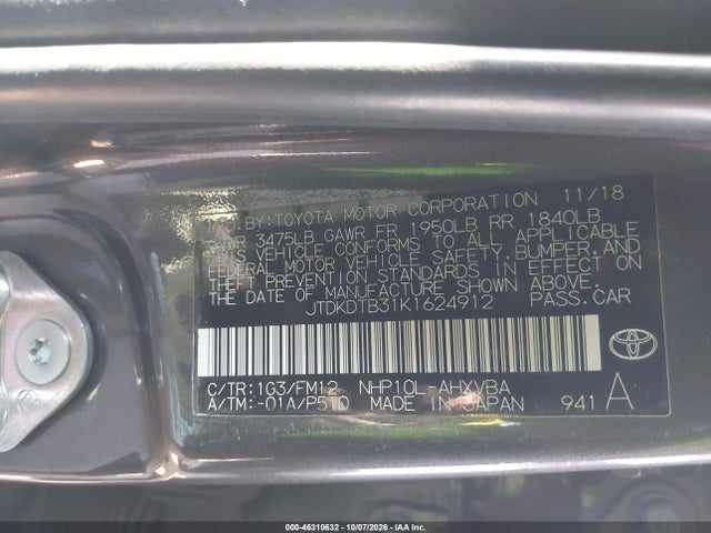 Aukcja sprzedaży 2019 Toyota Prius C L, vin: JTDKDTB31K1624912, numer aukcji: 46310632