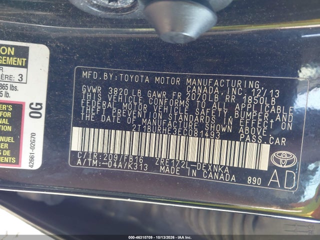 46310709 :رقم المزاد ، 2T1BURHE3EC081493 vin ، 2014 Toyota Corolla Le Plus مزاد بيع