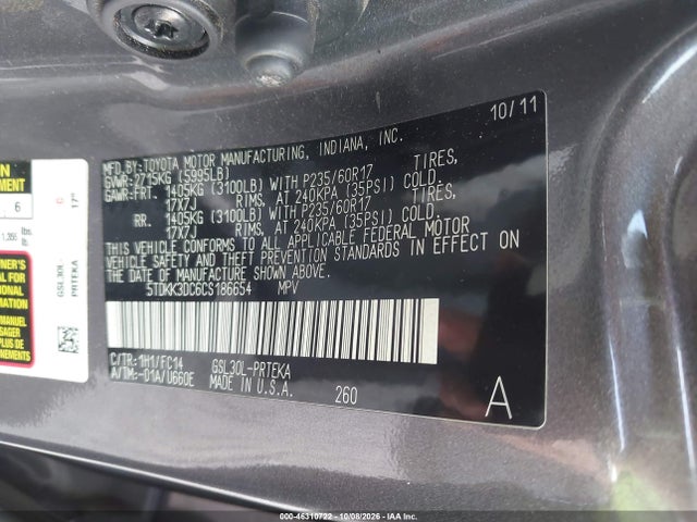 Aukcja sprzedaży 2012 Toyota Sienna Le V6 8 Passenger, vin: 5TDKK3DC6CS186654, numer aukcji: 46310722