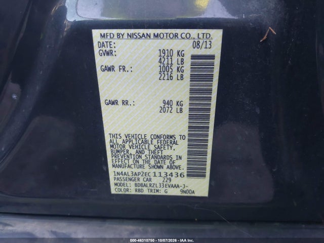 2014 Nissan Altima 2.5 S მანქანა იყიდება აუქციონზე, vin: 1N4AL3AP2EC113436, აუქციონის ნომერი: 46310750