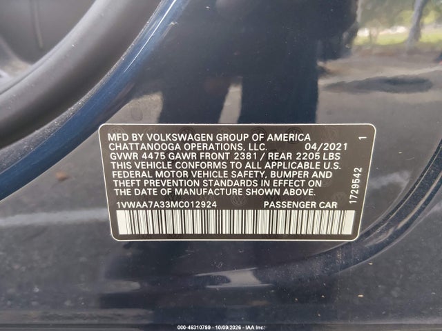 2021 Volkswagen Passat 2.0t S მანქანა იყიდება აუქციონზე, vin: 1VWAA7A33MC012924, აუქციონის ნომერი: 46310799