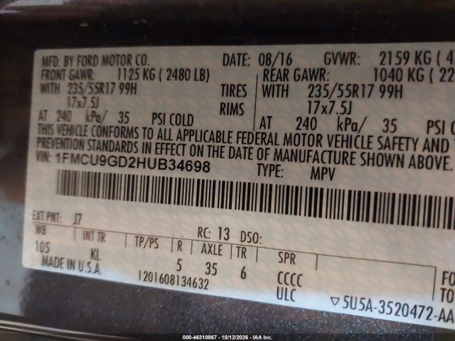 46310867 :رقم المزاد ، 1FMCU9GD2HUB34698 vin ، 2017 Ford Escape Se مزاد بيع