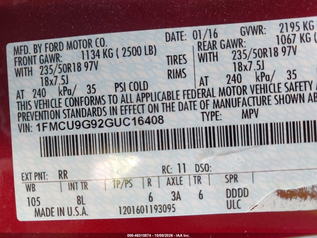 46310874 :رقم المزاد ، 1FMCU9G92GUC16408 vin ، 2016 Ford Escape Se مزاد بيع
