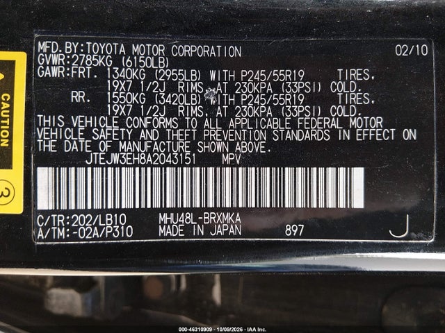 46310909 :رقم المزاد ، JTEJW3EH8A2043151 vin ، 2010 Toyota Highlander Hybrid Limited V6 مزاد بيع