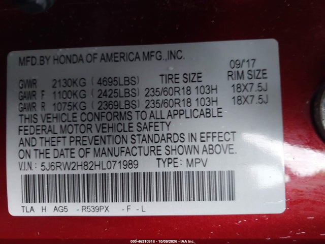 5J6RW2H82HL071989 Honda Cr-v Ex-l/ex-l Navi