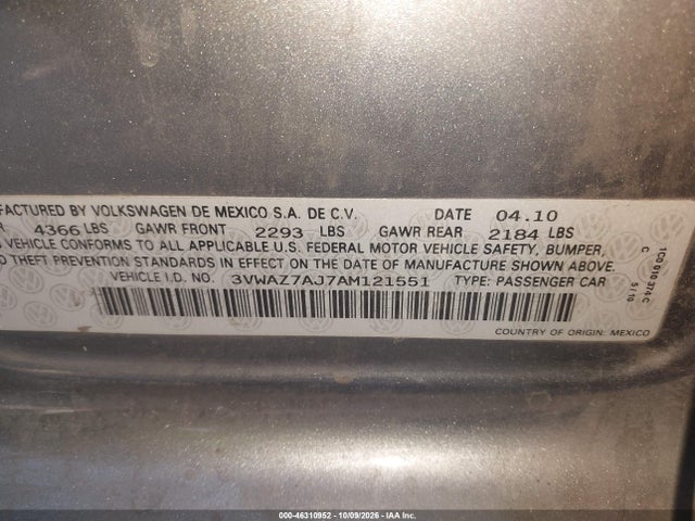 Продаж на аукціоні авто 2010 Volkswagen Jetta Limited Edition, vin: 3VWAZ7AJ7AM121551, номер лоту: 46310952