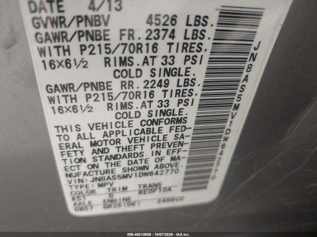 2013 Nissan Rogue S მანქანა იყიდება აუქციონზე, vin: JN8AS5MV1DW642770, აუქციონის ნომერი: 46310959